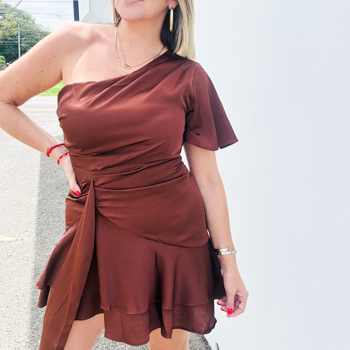 One Shoulder Brown Dress