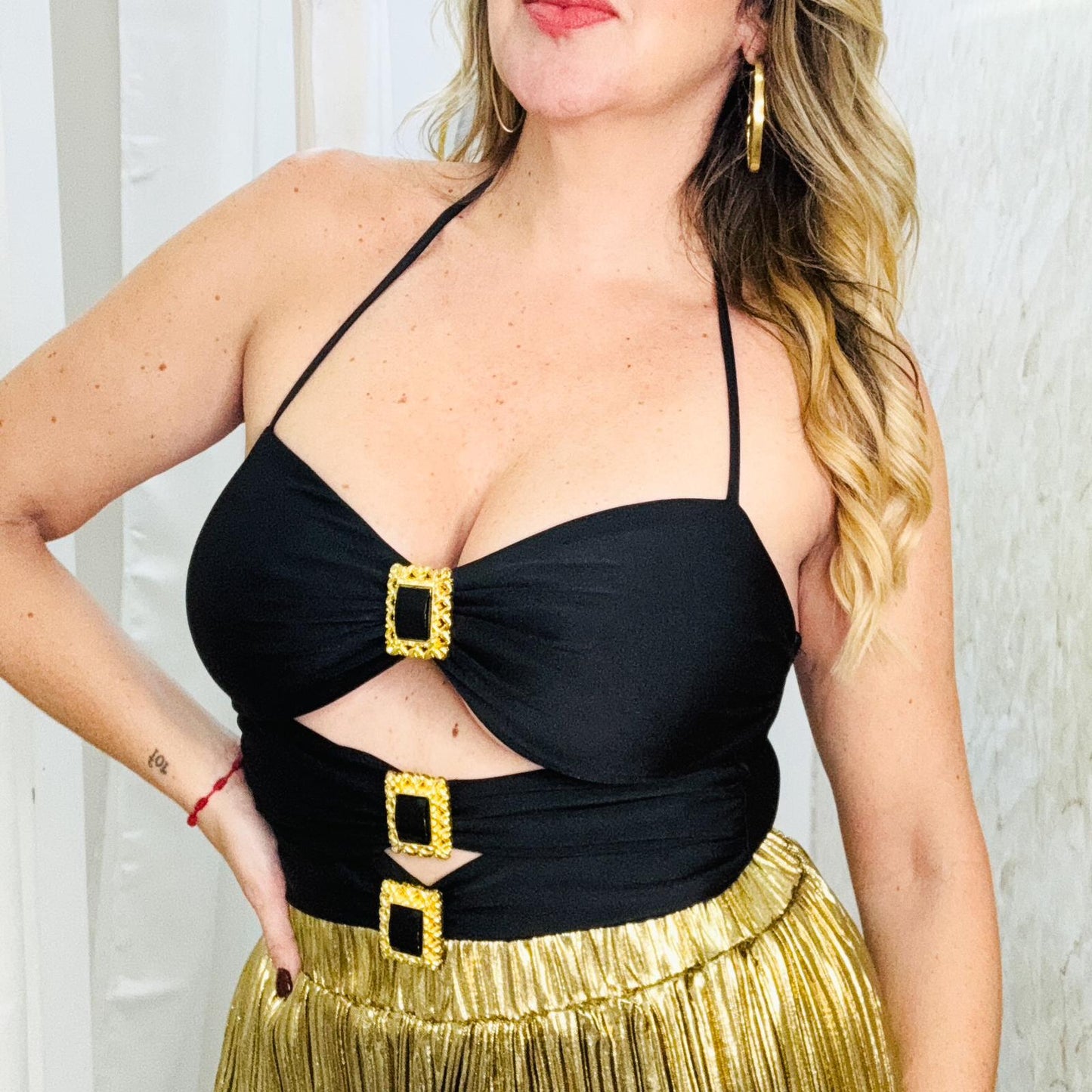 Cut Out Brooch Black Bodysuit