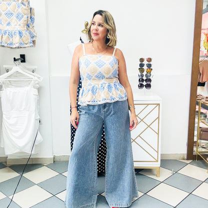 Blue & Oatmeal Croachet Top