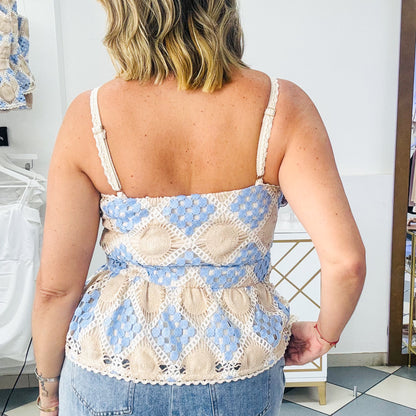 Blue & Oatmeal Croachet Top