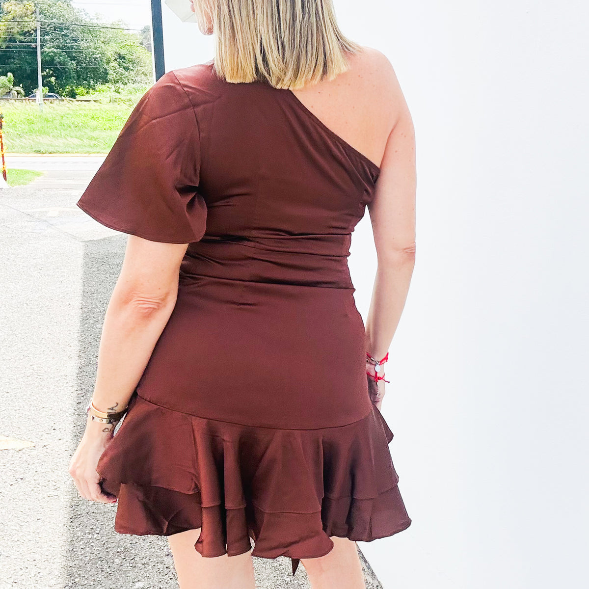 One Shoulder Brown Dress