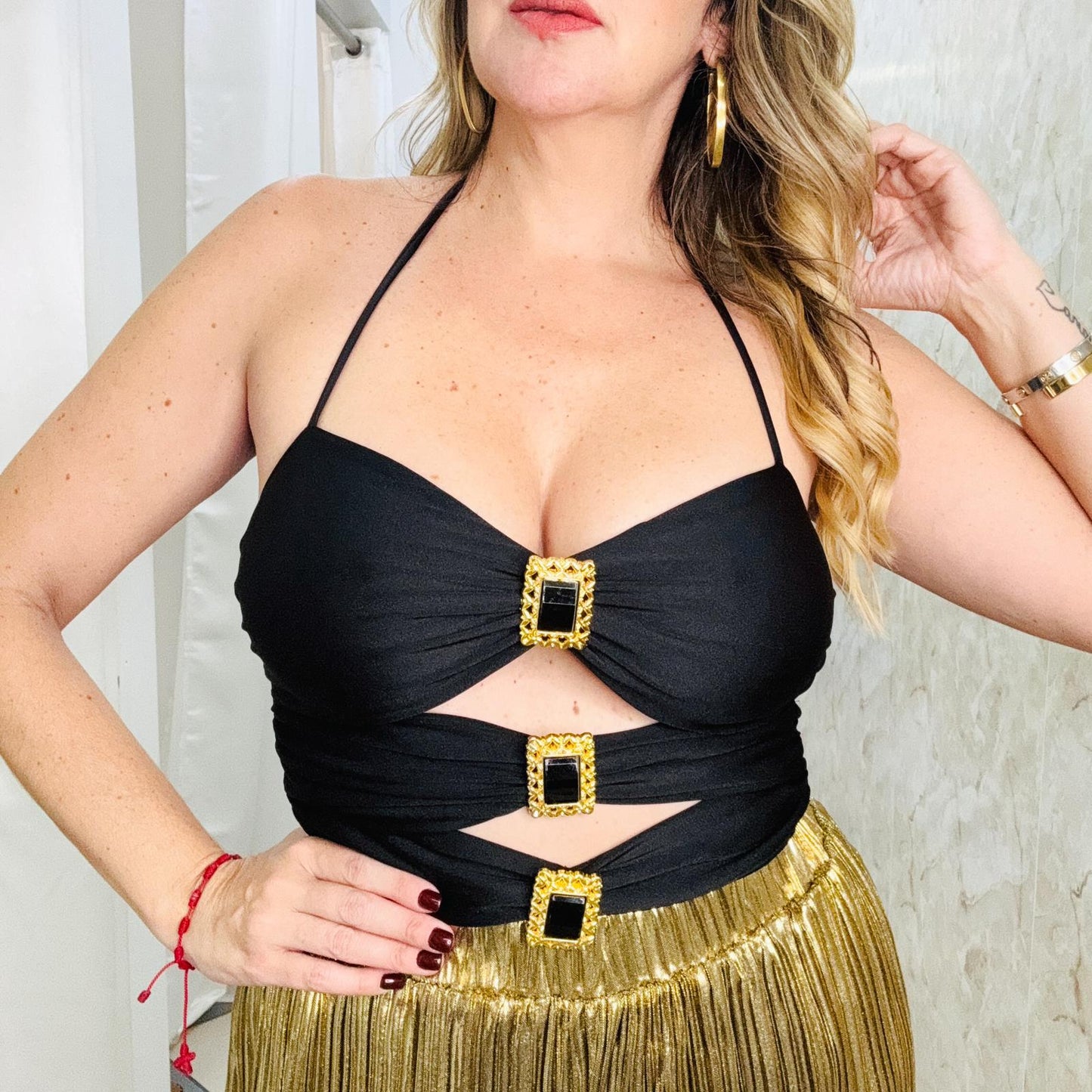 Cut Out Brooch Black Bodysuit